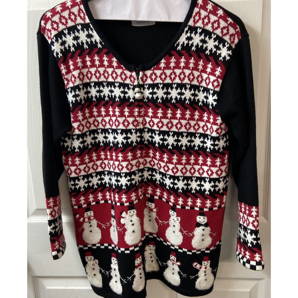 Storybook Knits Ugly Sweater Womens Large Weave Full Zip Metallic Accent Snowman